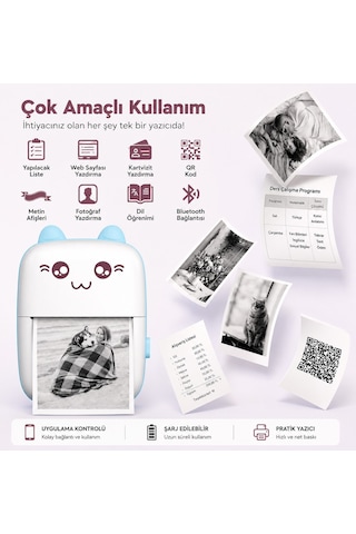 Netum Mavi Mini Yazıcı Mini Taşınabilir Termal Yazıcı Kablosuz Bağlantı 3 Renkli 2beyaz Kağıt li