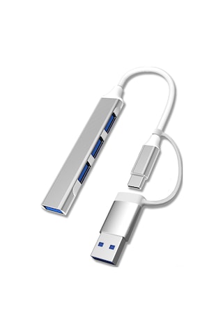 Skycity Alüminyum Gövde Type-c Ve Usb Çift Girişli 4 Usb 3.0 Portlu Hub Genişletici - Gümüş