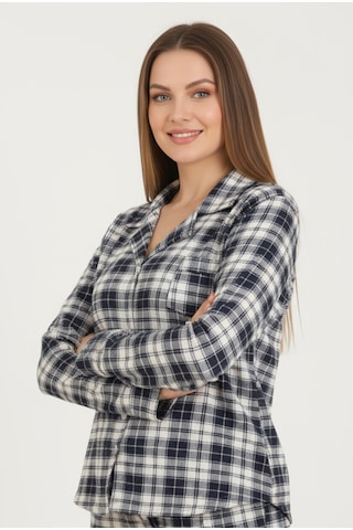 Bravie Luxury Viscose Lacivert Ekose Desenli Kadın Uzun Kollu Büyük Beden Pijama Takımı 42527 Gümüş