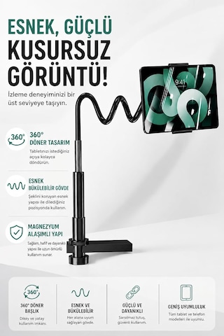 Coverzone Esnek Kollu Telefon Ve Tablet Standı,ent 360 Döner Ayarlanabilir Masa Kelepçesi, Magnezyum Alaşımlı Bükülebilir Gövde, Kaymaz Silikon Ve Eva Pedli, İpad Pro Uyumlu Yk-21