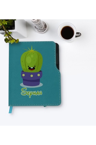 Kişiye Özel Kaktüs Tasarımlı Turkuaz Termo Deri Defter-10 Yeşil