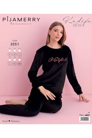 Pijamerry Kadın Kışlık Bisiklet Yaka Kadife Pijama Takımı 3051s - 1 Adet Siyah