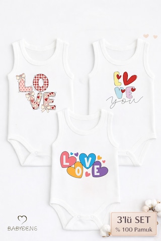 Babyden's 3 Lü Bebek Body Seti %100 Pamuk Love Baskılı Atlet Body Unisex Beyaz