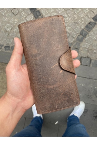 Karalı Deri Karalı Hakiki Crazy Deri Telefonluk Unisex Cüzdan - Eskitme Deri Gtc-40 Kahverengi