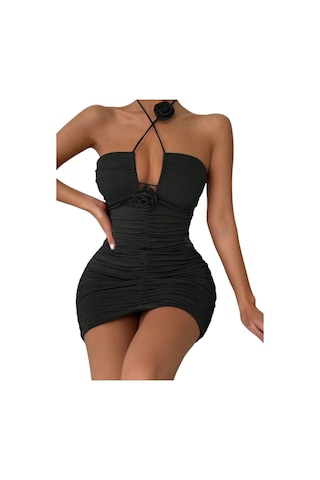 Straplez Kesim Önden Fiyonk İle Bağlamalı Bel Dekolteli Yanlardan Büzgülü Kolluklu Şık Elbise Siyah