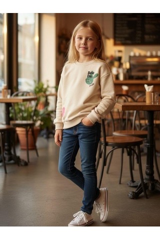 Kız Çocuk Pamuklu Tavşan Desenli İnce Uzun Kollu Sweatshirt-16335 KREM