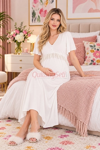 Lady Ekru Renk Dantel Detaylı 33500 Sabahlıklı 2li Hamile Gecelik Takım Set