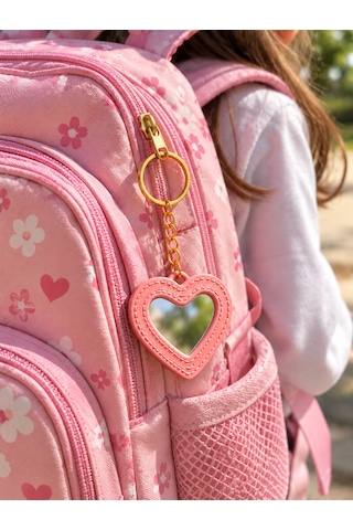 Aynalı Kalp Anahtarlık - Çanta Süsü Charm Pembe