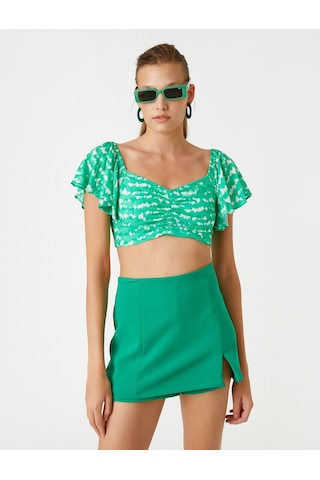 Koton Crop Bluz Büzgü Detaylı Yeşil Desenli 2sak60234pw 2SAK60234PW02F Yeşil