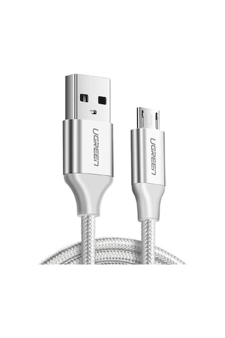 Ugreen 2.4A Micro USB Örgülü Data ve Hızlı Şarj Kablosu Beyaz 1 Metre