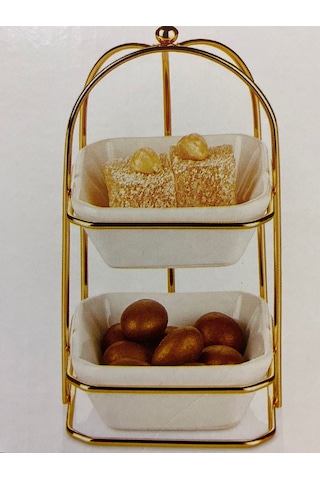 2 Katlı Gold Detaylı Standlı Porselen Kare Kaseli Şekerlik Sosluk Sunumluk