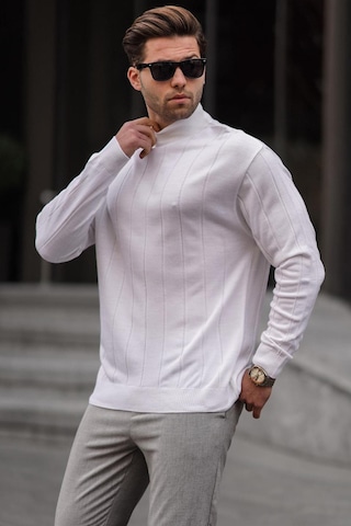 Madmext Ekru Slim Fit Yarım Balıkçı Yaka Çizgili Tüylenmeyen Erkek Triko Kazak 6344 Ekru