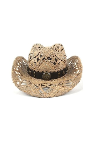 El Yapımı Doğal Saman Dokuma Kovboy Şapkası - Üç Fasulye Desenli Şık Ve Rahat Aksesuar Kahverengi
