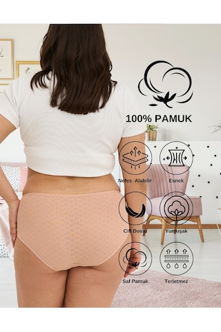 Alya Underwear %100 Pamuk Kumaşlı, Büyük Beden Yüksek Bel Kalp Desenli Ribana Jakar Kadın Külot Ten Rengi