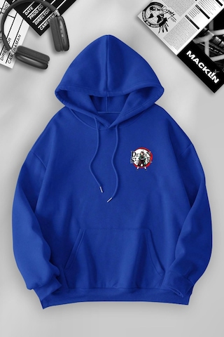 Macklin Unisex Kadın Erkek Tanjiro Kamado Ön Ve Arka Baskılı Özel Tasarım Kapşonlu Sweatshirt Mavi Mck1225 Mavi
