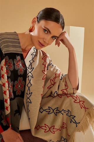 Uludağ Triko Kadın Patchwork Desen Şal Panço - SSTD Beyaz