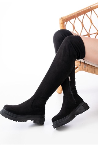 812-2194 Siyah Süet Fermuarlı Diz Üstü Bağcıklı Çorap Günlük Kadın Çizme Resimdeki Renk