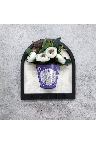 Cajuart Ahşap Motifli Mor Saksı İçinde Beyaz Yapay Çiçek Askılık Duvar Dekoru