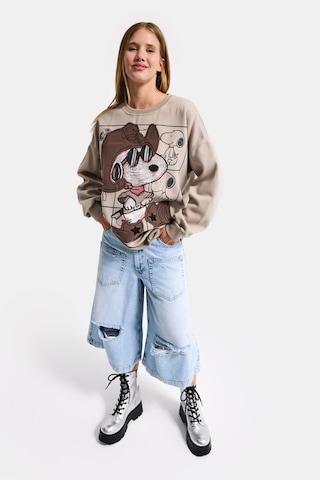 it's basic  Kadın Ekru Bej W5 Oversize Baskılı %100 Koton Organik Kumaş Sweatshirt