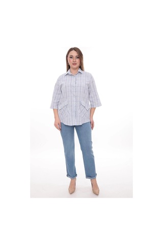 Lady Majestic Rahat Kalıp Büyük Beden Cotton Cepli Gömlek Mavi
