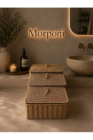 Lüks Rattan 3'lü Kapaklı Düzenleyici Sepet - Banyo Ve Ev Organizer Seti Mrl-105a Sarı