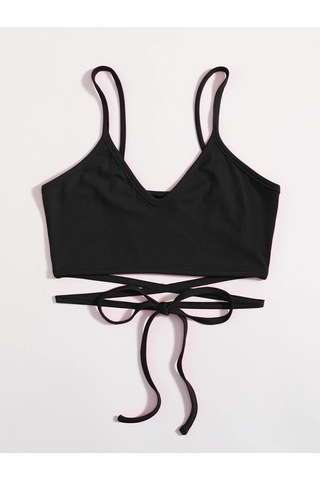 V Yaka Askılı İpli Siyah Renk Fitilli Super Crop Top Büstiyer Siyah