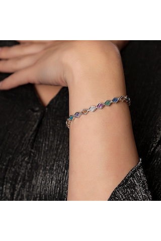 Altıgen Tasarım Multicolor Zirkon Taşlı Tam Tur 925 Ayar Gümüş Ka