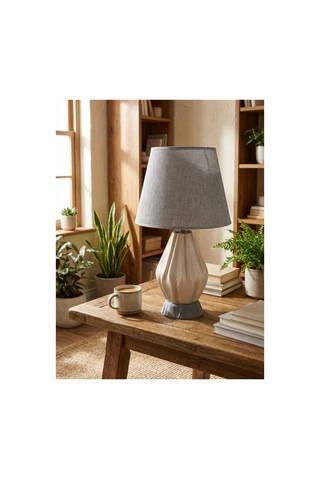 Işık Geçiren Porselen Abajur 49 Cm - Krem, İpek Şapkalı Pa010104x