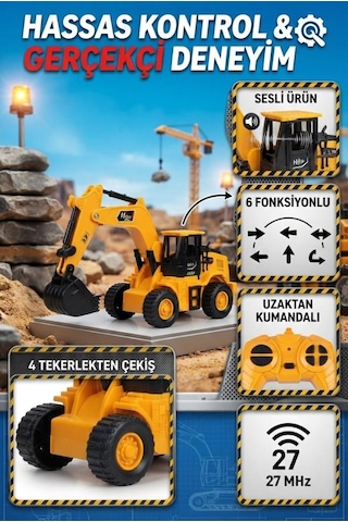 Uzaktan Kumandalı Kepçe İş Makinası 1:24 Ölçekli 6 Fonksiyonlu Sesli Ve 4 Çeker Oyuncak Ekskavatör Sarı