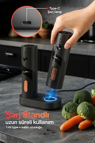 Mpıa Şarjlı Baharat Öğütücü 2 Li 110 Ml Led Paslanmaz Çelik Bıçak Tuz Karabiber Öğütücü Çok Renkli