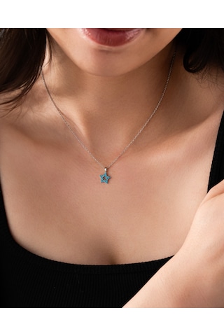 925 Ayar Rodyum Turkuaz Taşlı Yıldız Minimal Gümüş Kolye Rzn10322 Gümüş