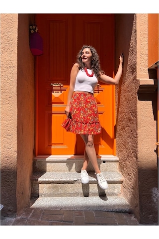 Buse Vual Kısa Etek Tomurcuk Desen Turuncu 6168