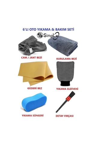6 Lı Mikrofiber Oto Yıkama Seti Kurulama Bezi Cam Bezi Güderi Oto Eldiven Oto Sünger Detay Fırça
