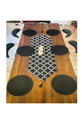 Siyah Desenli Runner Masa Örtüsü Dekoratif Supla Set 6130