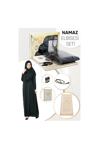 Pratik Başörtülü Tek Parça Namaz Elbisesi ve Seccade Seti Siyah 001
