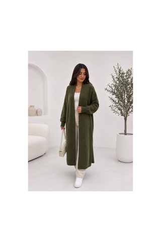 Hira Life Fashion Kadın Şal Yaka Uzun Triko Ve Sakallı Tüylü Hırka Haki Haki