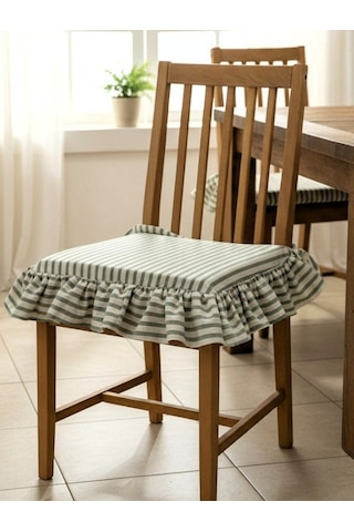 Yeşil Çizgili Buldan Yıkanmıs Keten 4 Tarafı Fırfırlı Sandalye Minderi Çok Renkli