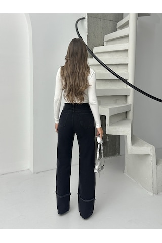 Kadın Ters Paça Püskül İşlemli Bol Paça Kot Pantolon Siyah