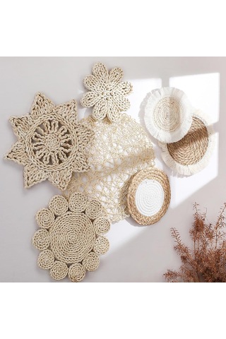 Springsun Doğal Malzeme El Dokuma Bohem Dekoratif Duvar Sepeti Seti - Otel, Salon, Giriş Mekanları İçin 7 Parça A Paketi