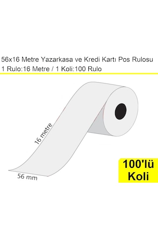 56x16 Metre Termal Kredi Kartı Ve Yazarkasa Pos Rulosu 100'lü Koli