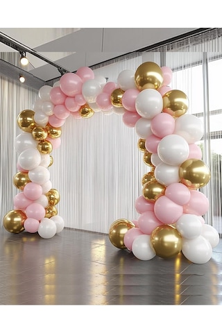 Krom Gold, Pastel Beyaz Ve Makaron Pembe Temalı Balon Seti Pembe