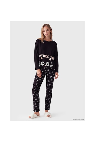 LC Waikiki Alıta Cıty Farkıyla Lcw Young Siyah Penye Baskılı Uzun Kollu Kadın Pijama Takım Siyah - 929503587 Siyah