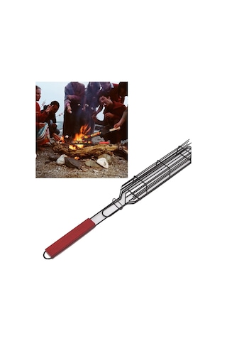 Kebab Izgara Sepeti, Dayanıklı 49 Cm Ekstra Uzun Demir Kebab Ahşap Saplı Izgara Izgarası, Kilitlenebilir Demir Izgara Izgara Sebze Izgara Deniz Mahsulleri Eti İçin Kırmızı