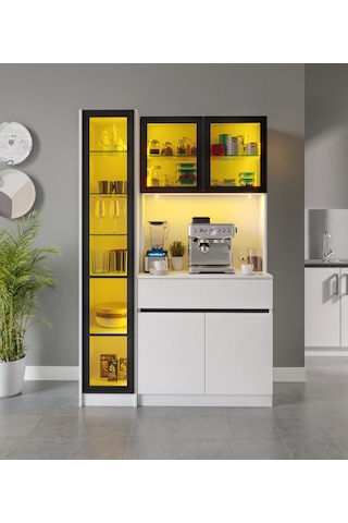 Moon Midi Sol Vitrinli Kahve Köşesi Komple Mdf Led Mutfak Dolabı Beyaz