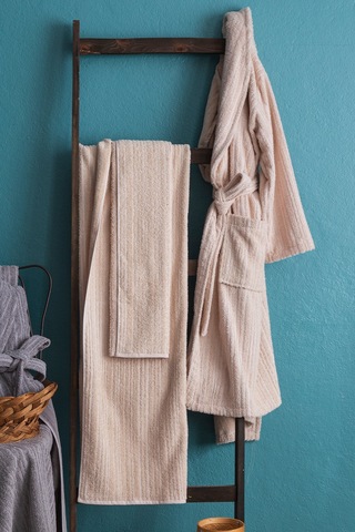 Apricitas Home Timeless Gri-bej %100 Pamuk 6 Parça Aile Bornoz Seti