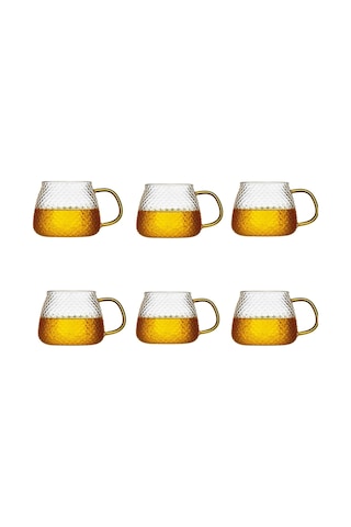 Morponi Borosilikat Cam Lüks Buzlu Cam Kupa Gold Sap Detaylı 350 Ml 6 Adet Şeffaf