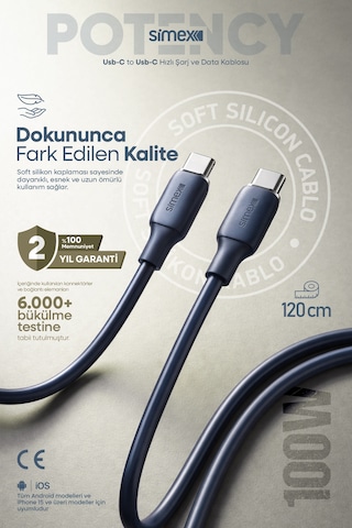 Simex 100w Type-c To Type-c Hızlı Şarj Kablosu İphone Ve Android Uyumlu, Soft Silikon 1.2 M Spk-14