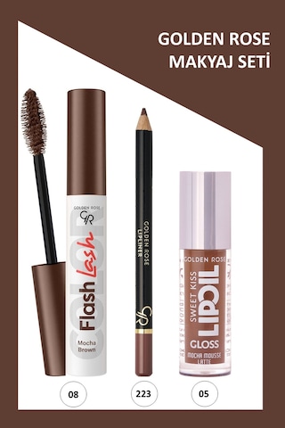 Flash Lash Renkli Maskara No:08 & Lipliner No:223 & Sweet Kiss Meyveli Dudak Parlatıcı No:05 Makyaj Seti