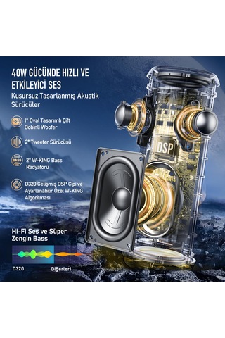 W-kıng D320 Bluetooth Hoparlör, 40w 360 Surround Boombox, 24 Saate Varan Çalma Süresi, Ip67, Kablos