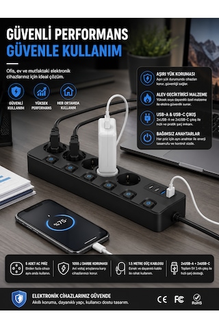 9in1 3680w Anahtarlı 5 Soket 2 Usb 2 Type-c 2m Kablolu Hızlı Şarjlı Akım Korumalı Çoklu Priz 0 - 2 M